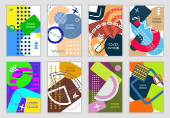 Bright background in Memphis style. Set of 8 geometric cover designs. Fashionable bright cover, banner, poster, booklet. Bright colors