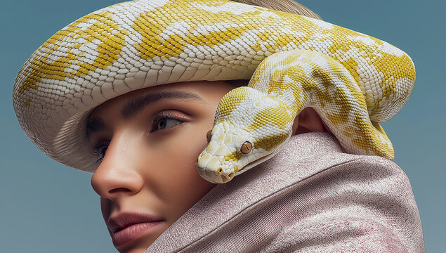 A side portrait of a model draped in pink with a white-yellow snake coiled across her head. Modern fashion intersects with nature in this avant-garde vision.
