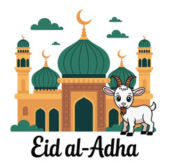 Eid al-Adha celebration with adorable goat in front of mosque