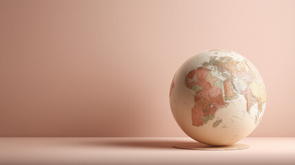 Globe on a wooden stand with world map illustration in minimalistic background - travel concept