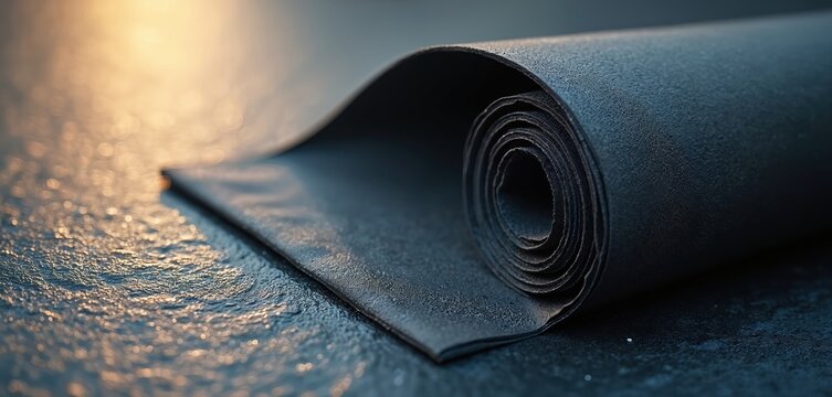 Rolled black EPDM rubber membrane texture. Waterproofing material for roofing insulation or pond liner. Durable polymer sheet used in construction or industrial applications.
