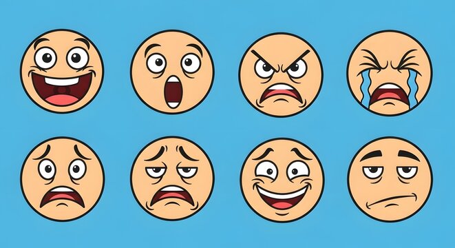 Flat lay of various emoticon faces on a blue background