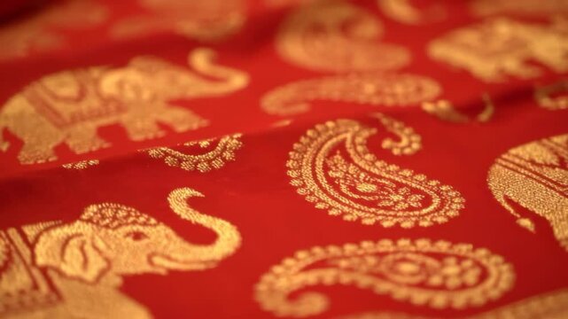 Slow slide shot of rich Indian brocade fabric featuring golden elephant pattern