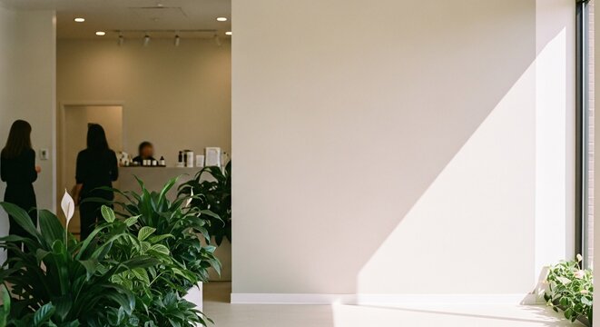 Modern Spa Reception Area with Natural Light and Lush Greenery, Copy Space Available