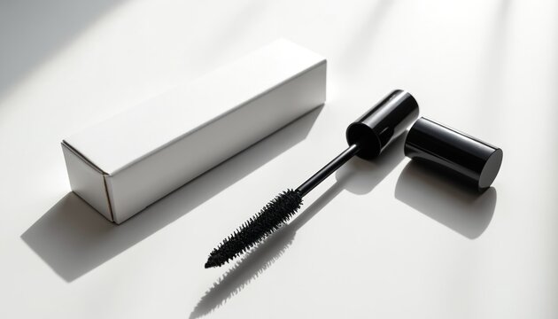 Black mascara wand and tube rest next to blank white box on surface. Cosmetic product packaging, beauty item for eyes. Feminine makeup accessory.