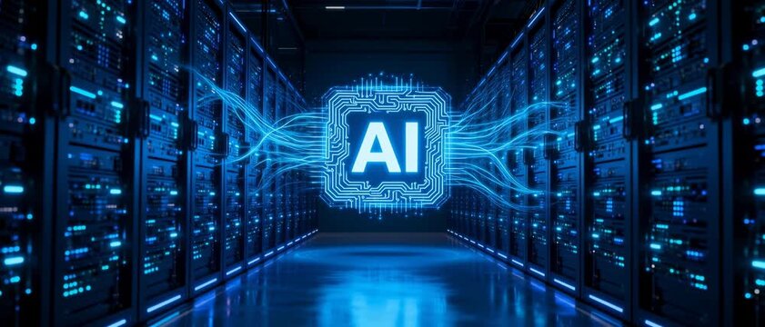 Futuristic Data Center Corridor Featuring Glowing AI Symbol Between Rows of Illuminated Server Racks with Blue Lighting