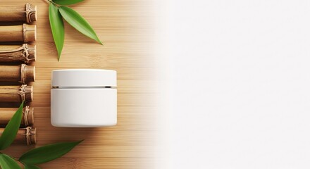 White cosmetic cream jar on wooden table with bamboo and leaves with copy space