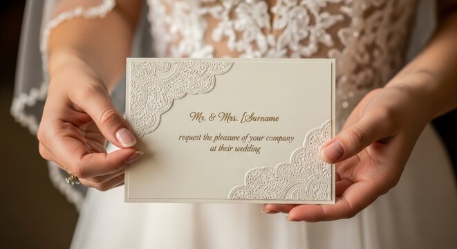 Woman holding wedding invitation card closeup.