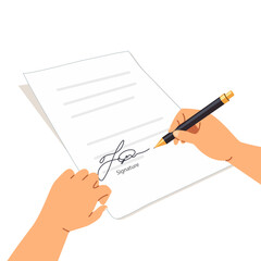 Hands hold a pen and write on paper. A person writes a letter, signs a document. The concept of an agreement, notarization of a document, signing a contract. Vector illustration in flat style.