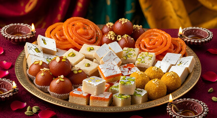 A vibrant platter of assorted indian sweets and desserts for festive celebrations.