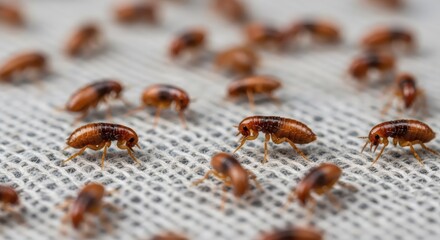 Many small brown bugs, possibly bed bugs or fleas, on a woven white fabric surface. Close up view of insect infestation.
