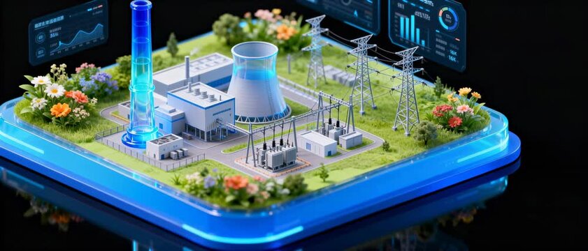 Miniature Model of a Modern Power Plant with Turbines, Transmission Towers and Digital Data Interfaces on a Glowing Base