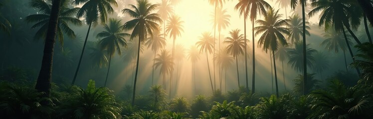 Naklejka premium Misty jungle canopy with tall palm trees at sunrise. Sun rays filter through morning fog creating atmospheric light beams. Rich green foliage covers the forest floor.
