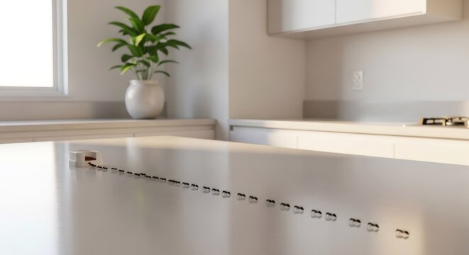 Line of ants leading to an ant bait station on a clean kitchen counter. Pest control and insect infestation concept.