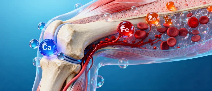 Detailed Anatomical Illustration of Human Joint Showing Minerals Calcium Iron Zinc and Blood Cells in Musculoskeletal System