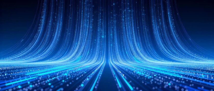 Futuristic Blue Digital Data Streams and Particle Networks Forming a Dynamic Technological Landscape