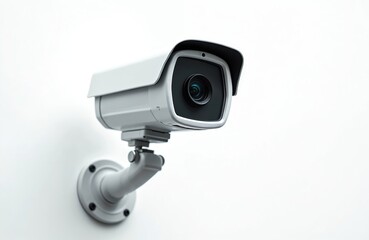 Security camera mounted on white wall. Modern surveillance equipment watches area for safety and protection. Device provides monitoring and control.