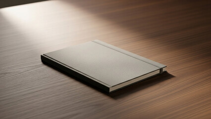 Gray hardcover journal with elastic closure band lying flat on wooden office desk surface illuminated by soft natural sunlight from side window for professional stationery and productivity theme