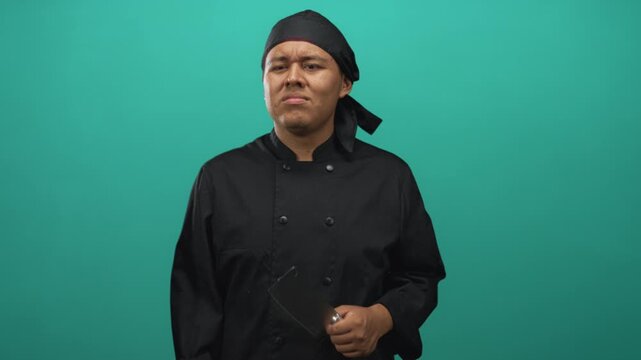 Young hispanic man chef holding cleaver and frowning while wearing black chef uniform and headscarf in studio with teal background; disgust.