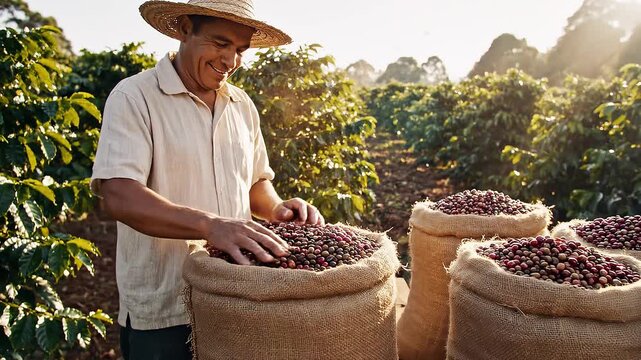 Man harvesting and sorting fresh cherries in sunlight