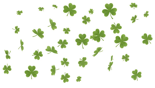 Dynamic illustration of several green clovers (shamrocks) falling against a clean background, perfect for festive march graphics and backgrounds