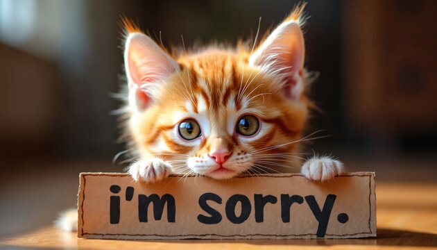 Cute ginger kitten holds cardboard sign that says im sorry. Tiny feline looks remorseful asking for forgiveness. Adorable pet cat makes sad face for apology.