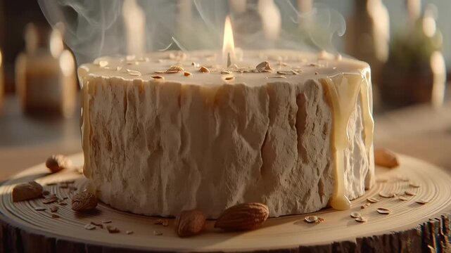 Valentine's Day: A video showcasing a serene candlelit cheese wheel on a wooden platter in a cozy atmosphere
