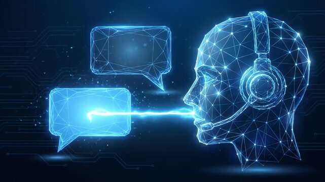 AI assistant headset, chat bubbles, virtual communication, support concept, digital network, profile.