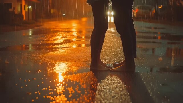 Valentine's Day: A romantic couple shares a kiss on a rainy street at night in a video capturing a peaceful atmosphere.
