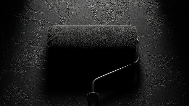 Black paint roller on dark textured wall with dramatic lighting creating shadows for renovation interior design and construction industry concepts showing home improvement and diy projects