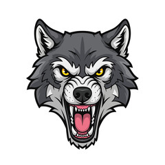 Fierce cartoon wolf head illustration with sharp teeth and glowing yellow eyes