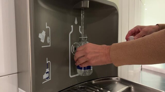 Hands fill a bottle with water from a dispenser in a kitchen. The process shows how to refill the bottle easily and quickly.
