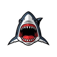 A cartoon shark head with open jaws and sharp teeth, viewed from the front, in a graphic illustration style.