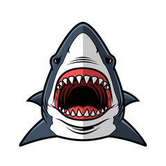 A close-up view of a cartoon shark with sharp teeth and an open mouth from a frontal viewpoint in a simple environment