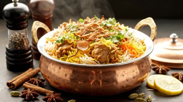 Close-up Shot of Steaming Chicken Biryani Served in Traditional Copper Pot