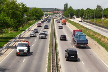 Standstill traffic. View from hour traffic. Transportation industry