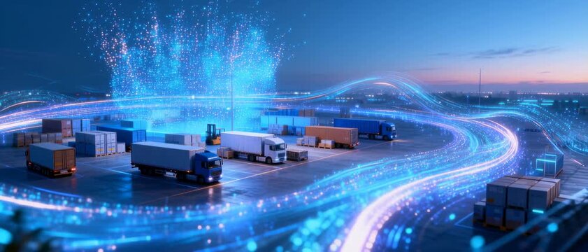 Trucks and Containers in a Yard with Glowing Tech Trails at Dusk Highlighting Supply Chain Efficiency