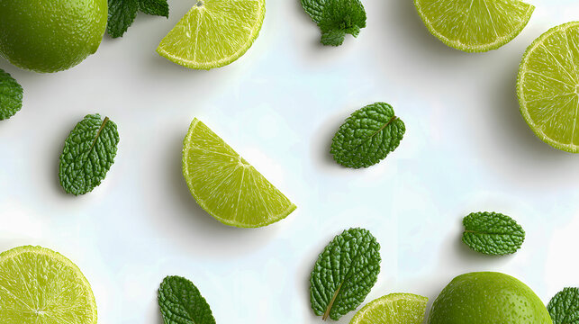 Fresh lime slices and mint leaves on white background