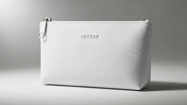Simple white rectangular cosmetic bag or pouch with zipper closure featuring embossed word luxury centered on textured material background