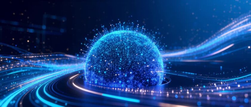 Futuristic Digital Sphere Composed of Glowing Particles with Dynamic Light Trails on Dark Tech Background