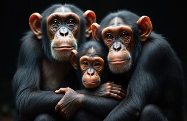 Fototapeta premium Three chimpanzees sit close together. An adult male and female embrace a young chimpanzee, showing strong family bond and care. Their expressive faces convey a sense of peace and connection.