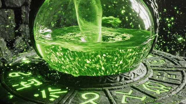 Green potion swirling in glass on ancient stone circle