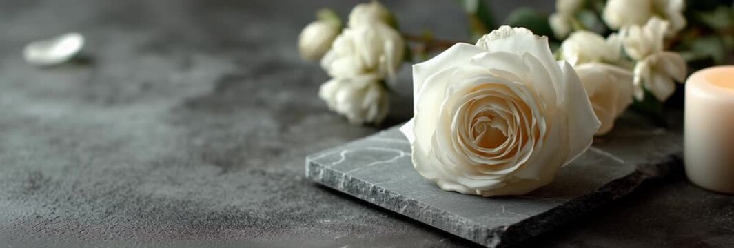 a white rose and candle on a grey slate background with copy space for text, a high-definition photo of a group of flowers in the style of dark gray and light beige Generative AI