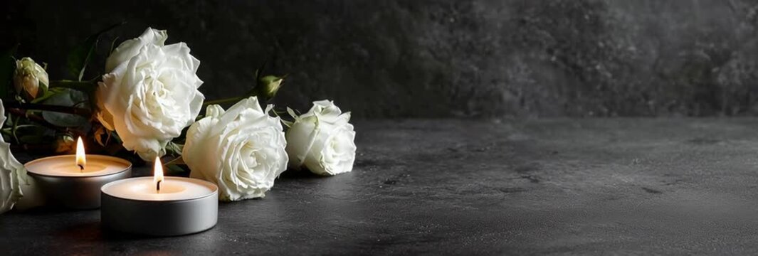 a white rose and candle on a grey slate background with copy space for a message of loss, a somber mood, and a comforting aura in various sizes and shades Generative AI