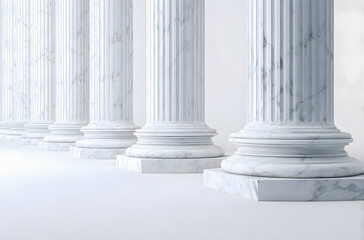 Elegant white marble columns in a row on a clean white background