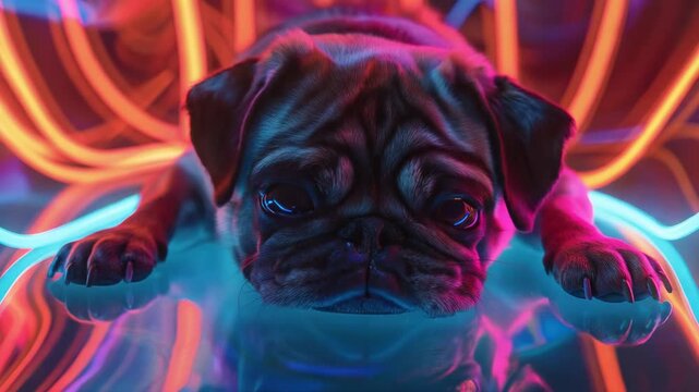 Close-up of Pug's Face Surrounded by Abstract Neon Lights 4K Video