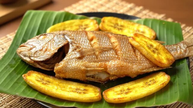 Close-up Static Shot of Whole Fried Fish Steaming on Banana Leaf with Plantains
