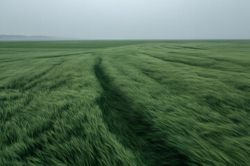 Naklejka premium Vibrant green field swaying gently in the wind on a cloudy day