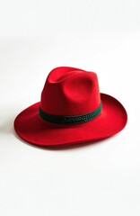 Red felt Tyrolean hat with green band sits on white background. Traditional Bavarian headwear, perfect for Oktoberfest. Authentic folk costume accessory, style cap.