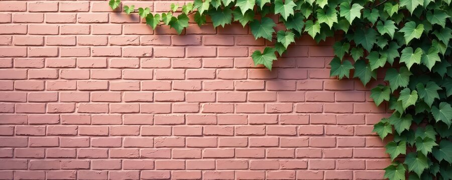 Green ivy vines grow on a weathered pink brick wall surface. This natural botanical texture offers a rustic charm for backgrounds and design elements.